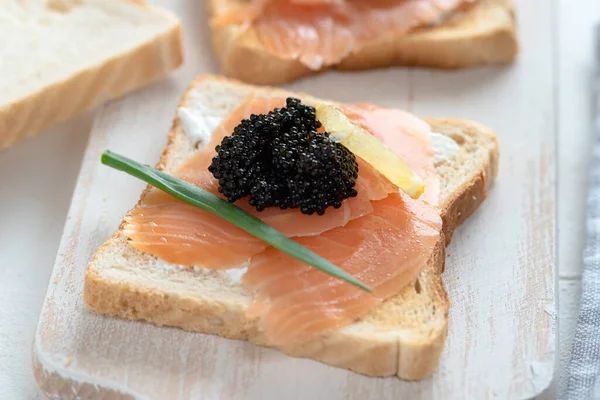Appetizer Toast Bread Creamy Cheese Salmon Black Caviar — Stock Photo, Image