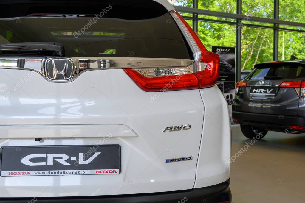 Gdansk, Poland - June 5, 2021: Rear of Honda CR-V with tail lights in the car showroom