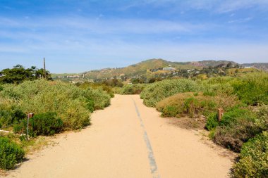 Malibu, California, ABD 'deki Malibu Lagoon State Beach' e giden yol.