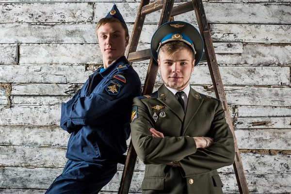 Two young men standing in military uniform — Stock Photo, Image