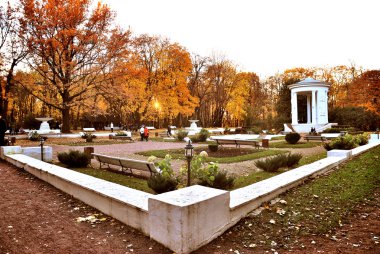 parlak sonbahar ağaç ve yaprak tarihi binaları Gorki Parkı çevresinde