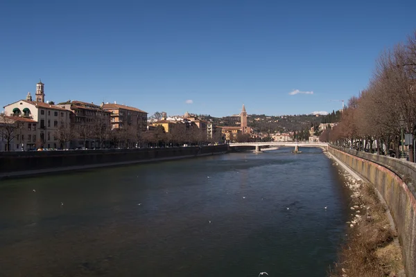 Bâtiments historiques sur les rives de la turbulente rivière Adige à Vérone — Photo