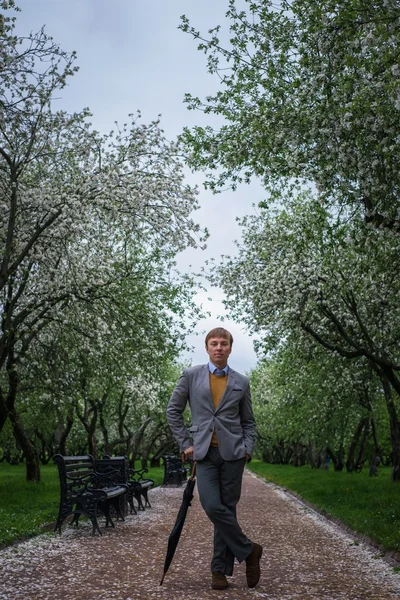 A young man in a gray suit with a black umbrella-cane on the track in the lush apple orchard — Stock Photo, Image