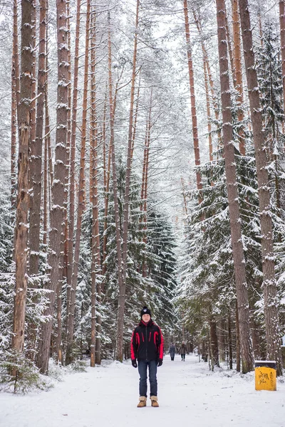 Chico joven con chaqueta negra y roja y gorra en un bosque de invierno — Foto de Stock