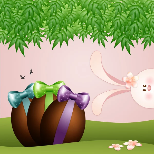 Funny bunny met chocolade-eieren — Stockfoto
