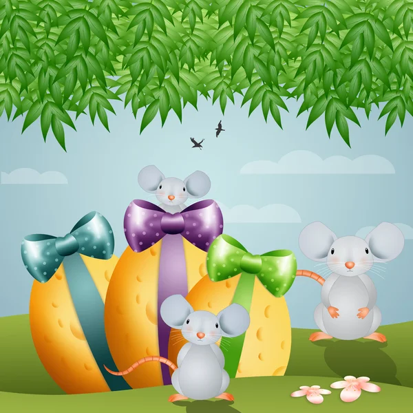 Familia del ratón divertido con huevos de queso de Pascua —  Fotos de Stock