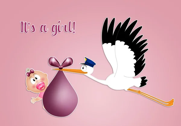 Funny stork with baby girl — Stock Photo, Image