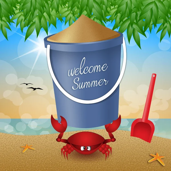 Funny crab with bucket sand — Stock Photo, Image