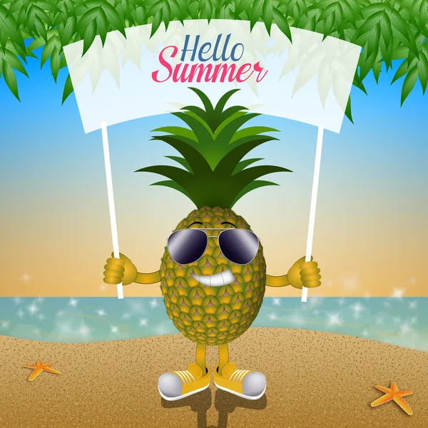 Смішний ананас з сонцезахисними окулярами на пляжі — стокове фото
