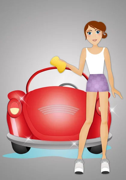 Woman Washing Her Car — Stock Photo, Image