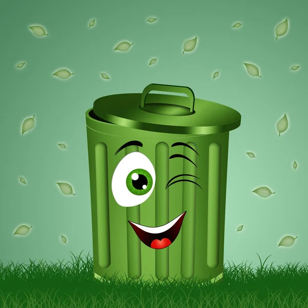 Funny green garbage bin in the grass — Stock Photo, Image