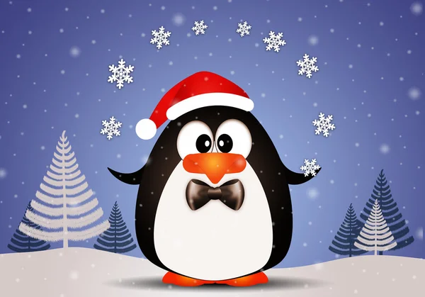 Funny penguin playing with snowflakes — Stock Photo, Image