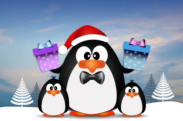 Penguins family with gifts — Stock Photo, Image