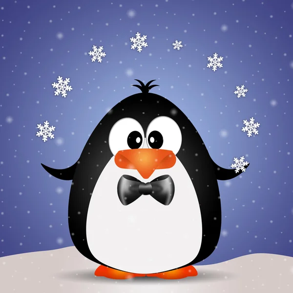 Funny penguin playing with snowflakes — Stock Photo, Image
