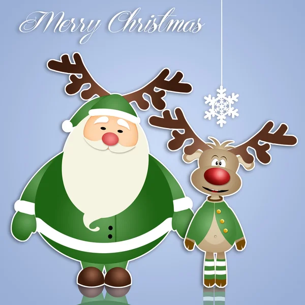 Weihnachtsmann mit Rentieren und grünem Kleid — Stockfoto