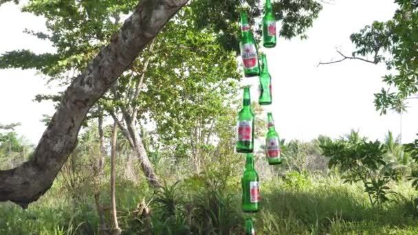 Campanas de viento hechas de botellas de cerveza de vidrio revolotean en el viento — Vídeos de Stock