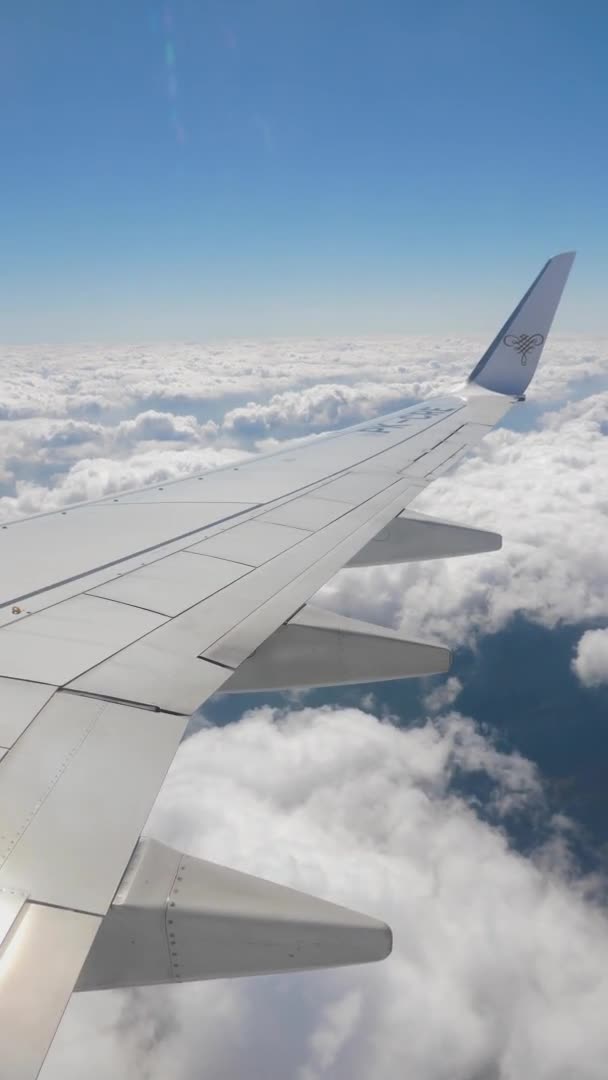 FOOTAJE VERTICAL, viajando en un avión civil, el ala fuera del ojo de buey está en el cielo azul y las nubes blancas a una altitud de 10.000 metros — Vídeos de Stock