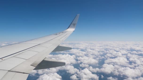Cestování civilním letadlem, křídlo před okénkem je na obloze s modrou oblohou a bílými mraky v nadmořské výšce 10 000 metrů — Stock video