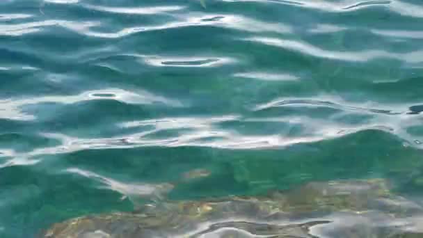 Pequenas ondas no mar calmo. A superfície do mar é muito lisa. Superfície de água clara azul. Videoclipe