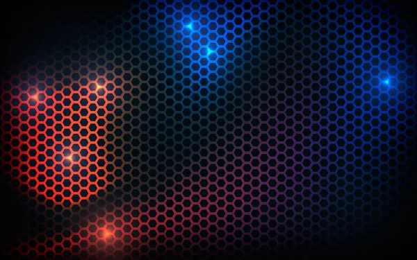 Svart Hexagon Konsistens Bakgrund Med Blå Och Orange Ljuseffekt — Stock vektor