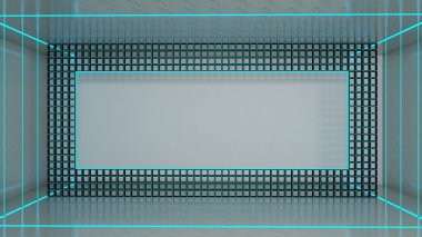 Odada soyut dikdörtgen şekli ve neon ışığın 3D görüntülenmesi