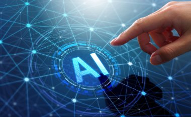 Yapay zeka ve sinir ağı. Makine öğrenme teknolojisi. Adam Al simgesine dokunuyor.