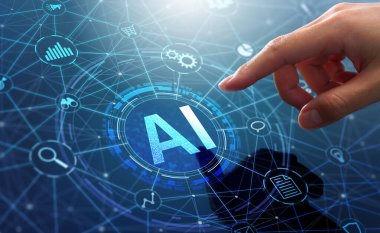 Yapay zeka işi ve üretken yapay zeka. Veri analizi ve robot işlemleri otomasyonu. İş adamı uygulama ağı sisteminde Al simgesine dokunuyor.