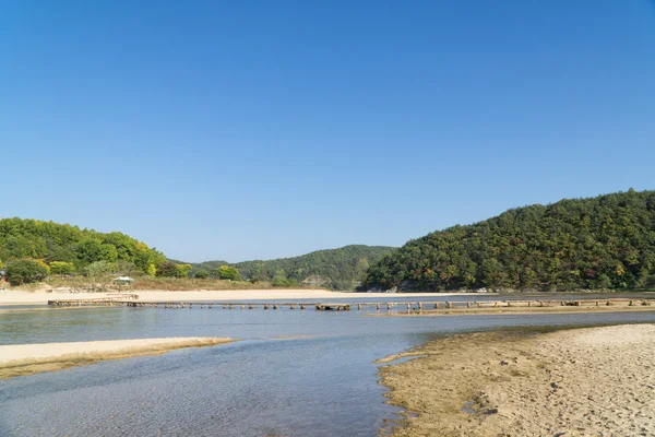 Ponte de tronco de pista única sobre um rio raso — Fotografia de Stock