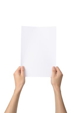A4 kağıt üzerinde beyaz izole, holding eller