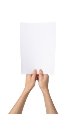 A4 kağıt üzerinde beyaz izole, holding eller