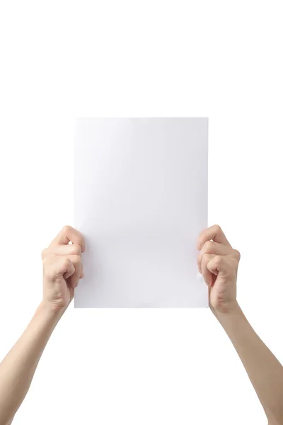 Руки, що тримають папір А4, ізольовані на білому — стокове фото