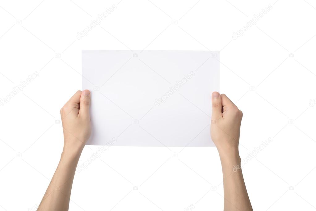 hands holding A4 paper, isolated on white