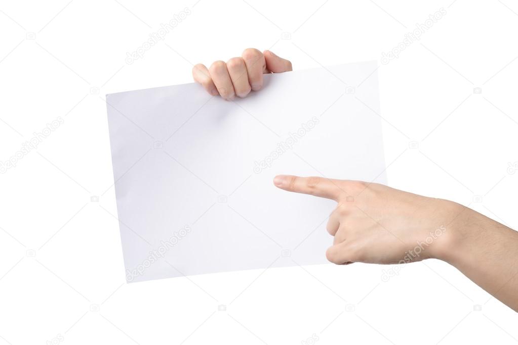 hands holding and pointing A4 paper, isolated on white