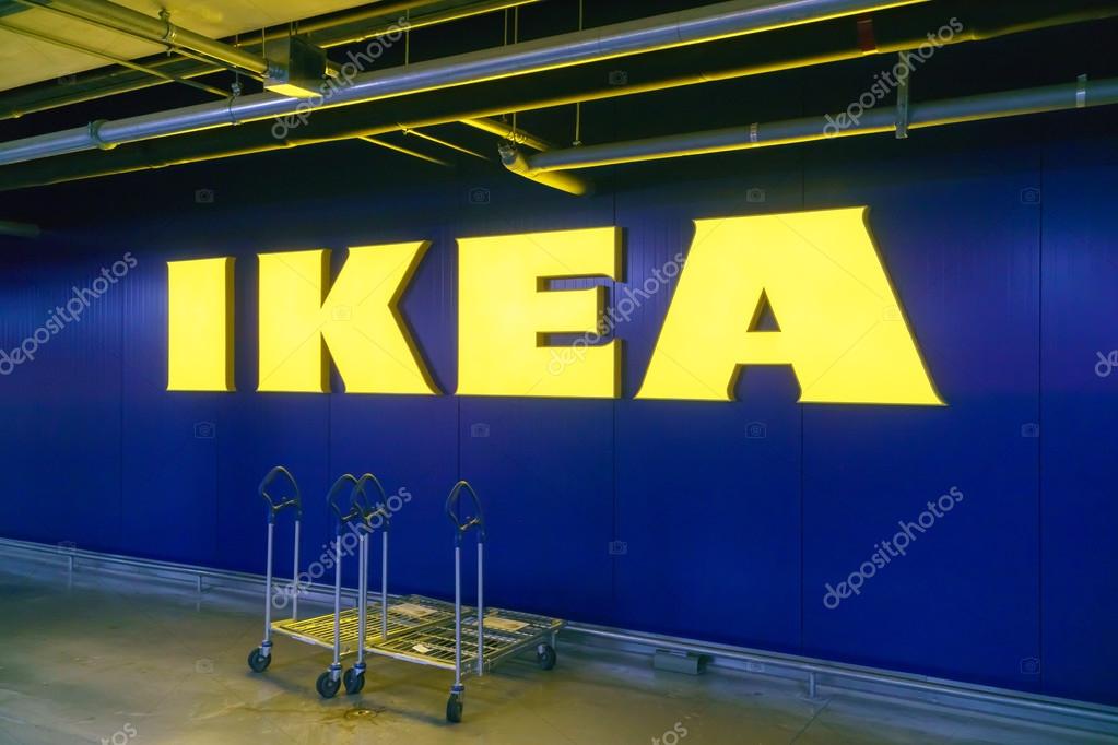 Gwangmyeong, Korea - September 14, 2015: IKEA logo from Gwangmyeong in Korea. IKEA is a multinational company that designs and sells furniture, appliances and other home related items. Gwangmyeong sotre is the world's largest IKEA store.