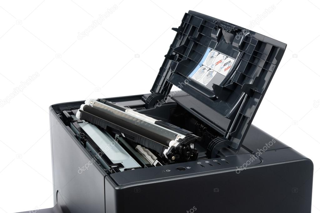 black toner cartridge on a laser printer