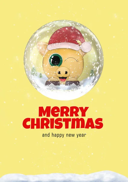 Christmas card with pig insade the snow globe — Stock Photo, Image