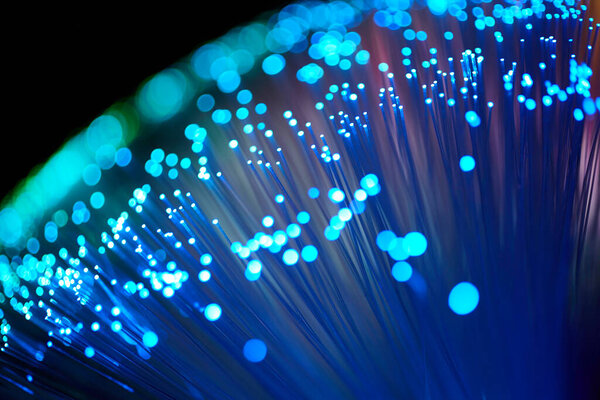 glowing fiber optic strings on color background