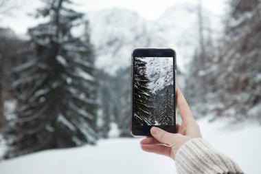 Dişi, dağların manzarasının fotoğrafını çekiyor. Kış