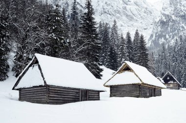 Kış manzarası. Dağ geçmişinde bir ev. Kimse yok.