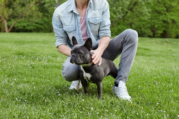 Homme Avec Son Bouledogue Français Dans Parc Urbain — Photo