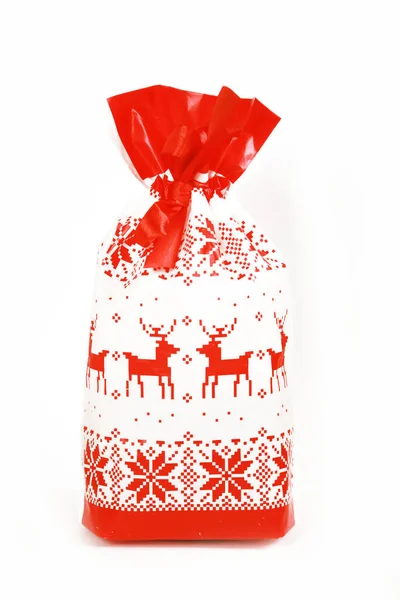 Caixa Presente Natal Com Fita Vermelha Isolada Fundo Branco — Fotografia de Stock