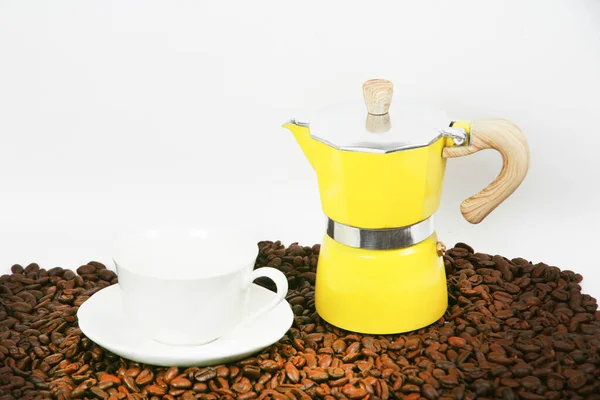 Coffee Beans Coffee Maker White Background — Photo