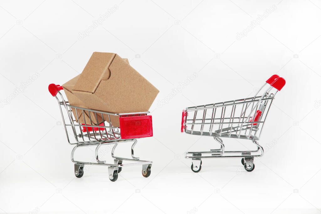 shopping carts with boxes on white background 