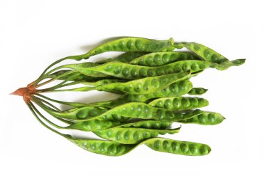 Beyaz arkaplanda yeşil bezelyeler 