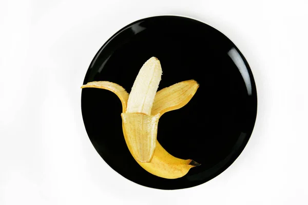 Banana Fruit Black Plate White Background — Foto Stock