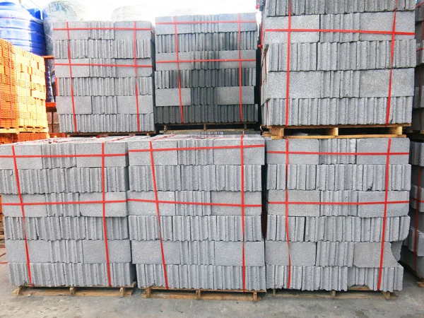 Pile Concrete Boxes White Background Construction Site Building Wall Materials — Stok fotoğraf