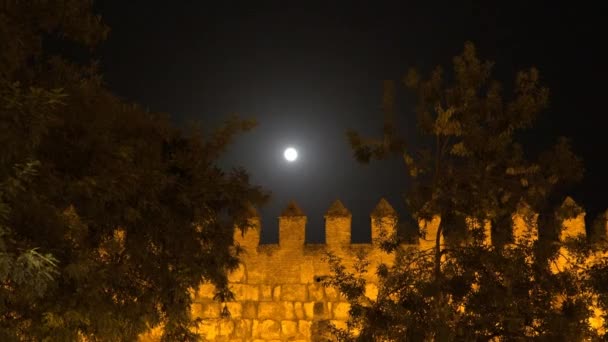 Luna di mezzanotte e mura del castello — Video Stock