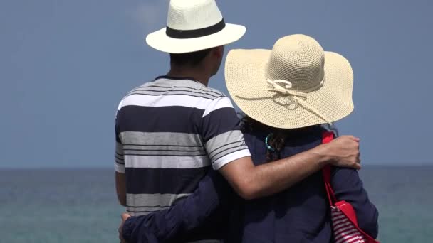 Супружеская пара наблюдает за океаном — стоковое видео