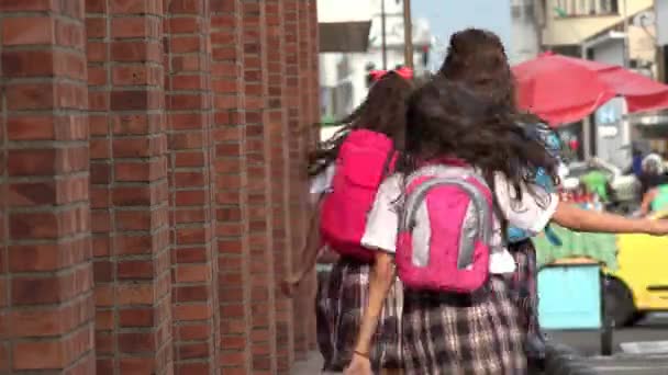 Vrouwelijke studenten uitgevoerd op de stoep — Stockvideo