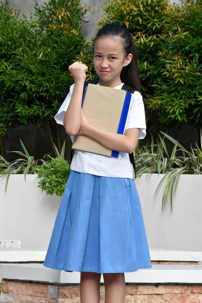 Orgullosa Hermosa Escuela Chica Usando Falda Con Cuadernos Pie —  Fotos de Stock